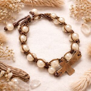 Erica Lyons Pair of Woven Faux Pearl Bracelets with Gold Tone Cross NWT